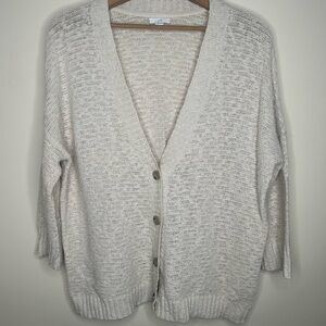 J Jill Open Weave Cream Knit Cardigan Sweater Drop Shoulder Wood-look Buttons LP